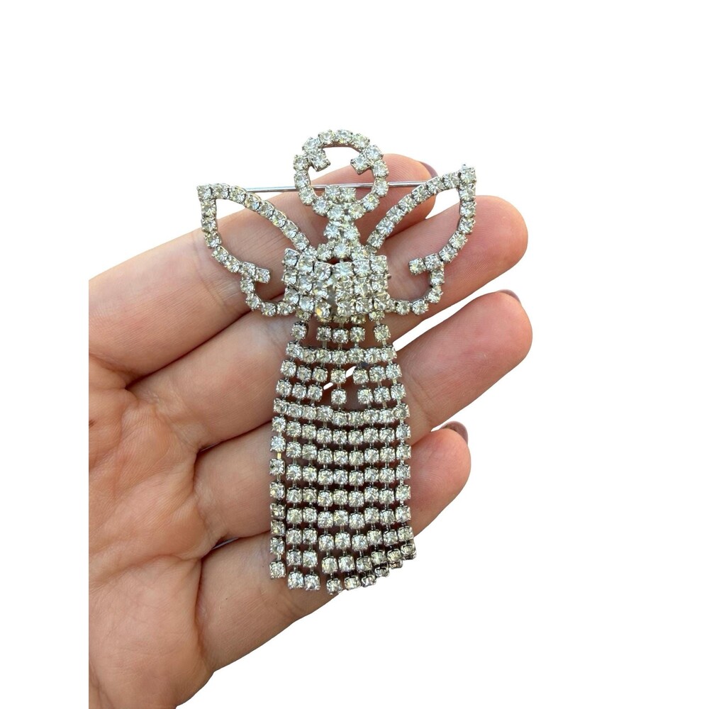 Vintage Silver Tone Rhinestone Dangle Christmas Choir Angel Pin BROOCH